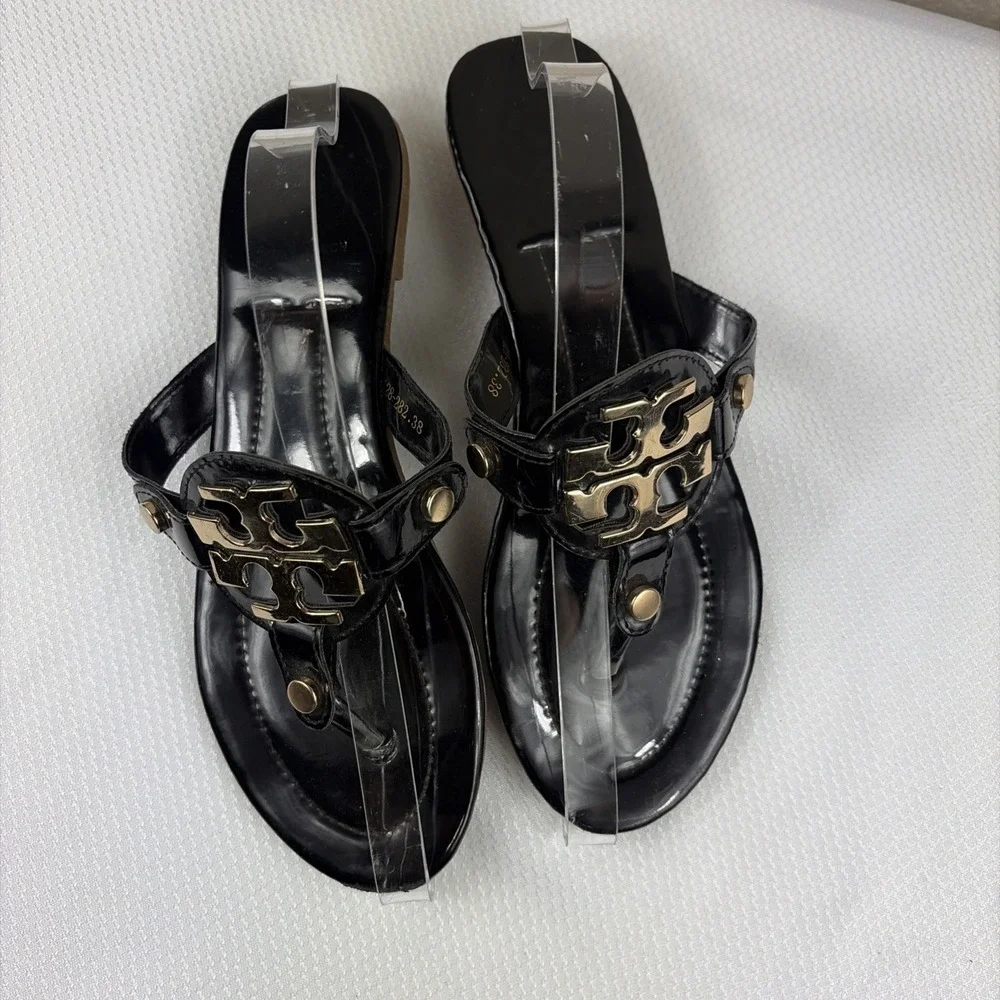 TORY BURCH MILLER SANDAL FLIP FLOP PATENT LEATHER BLACK SIZE 38  Gold‎ T Medal